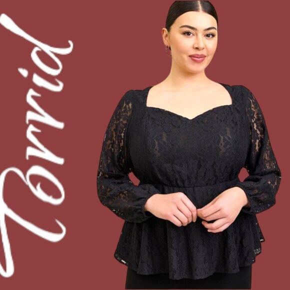 Torrid New Plus Size Black Peplum Lace Puff Sleeve Top. - Picture 1 of 12